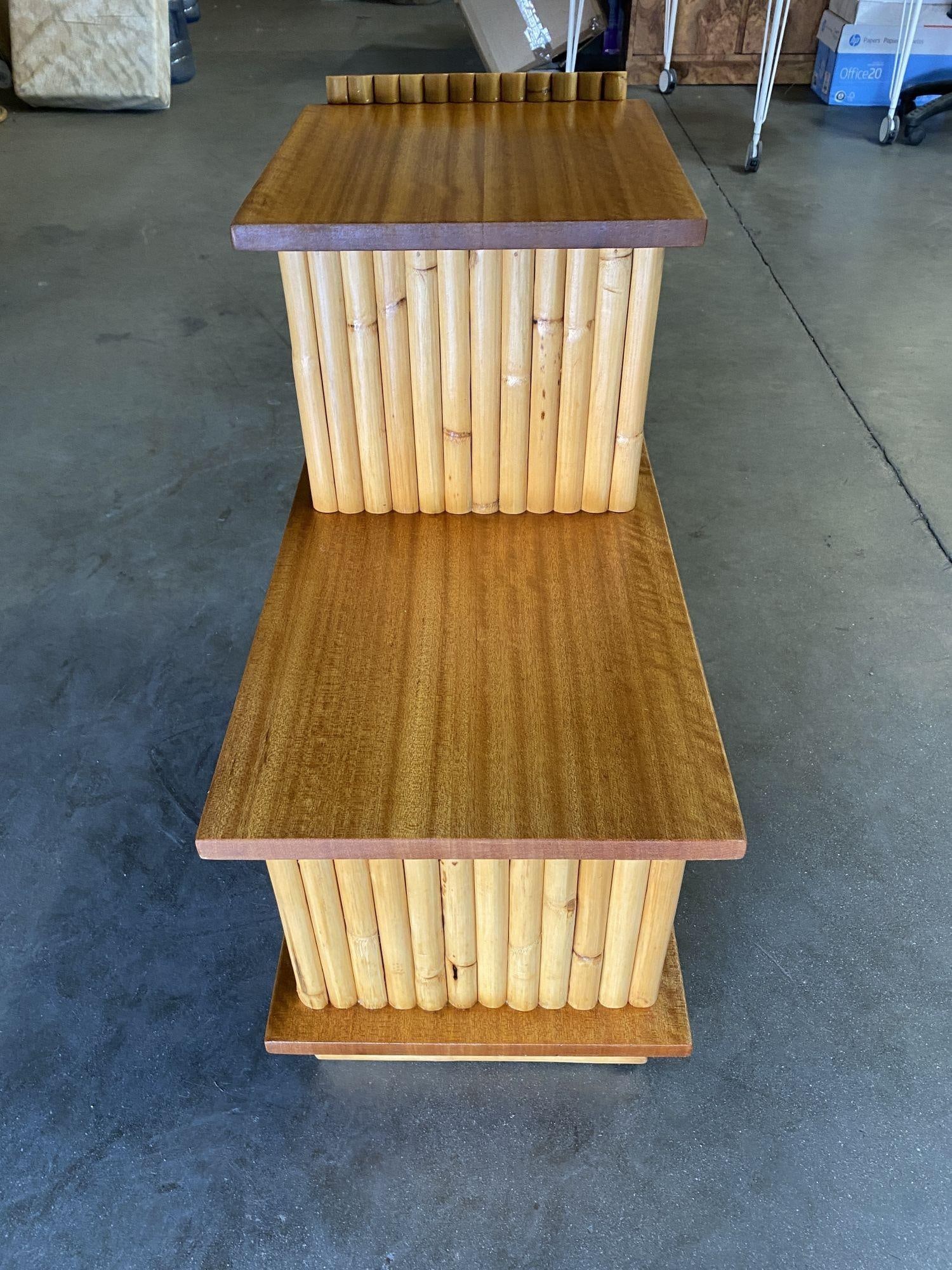 Restored Mid-Century Vertically Stacked Geometric Rattan Side Table, Mahogany - 5