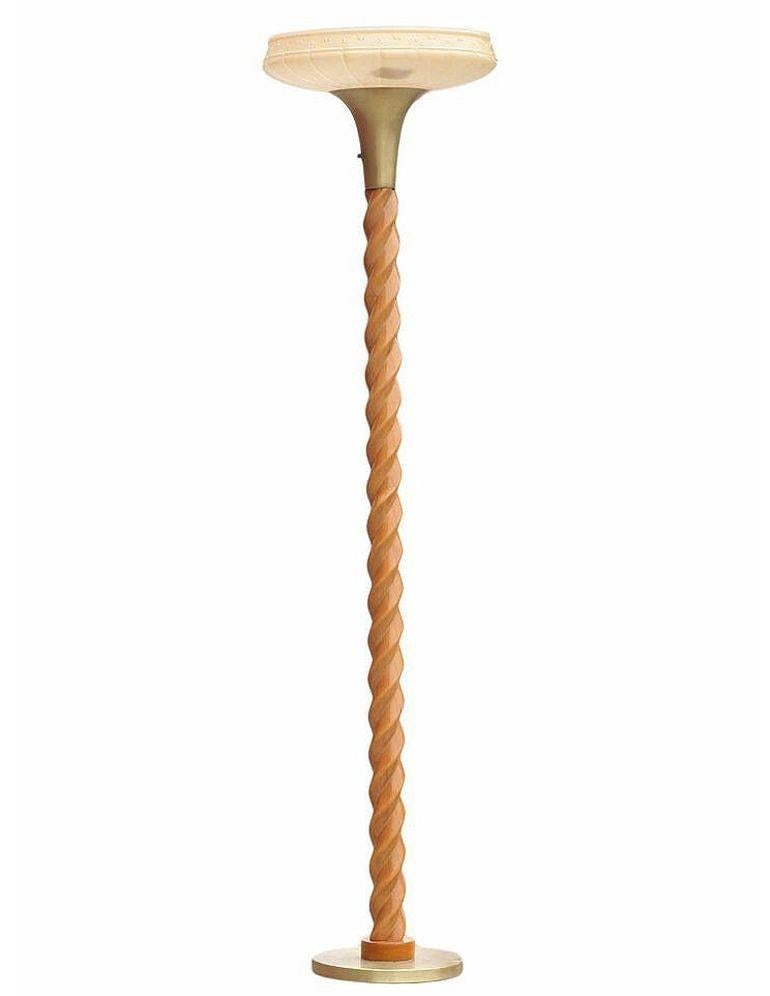 Carved Oak Floor Sprial Torchiere Floor Lamp Attributed to Russel Wright w Shade - 2