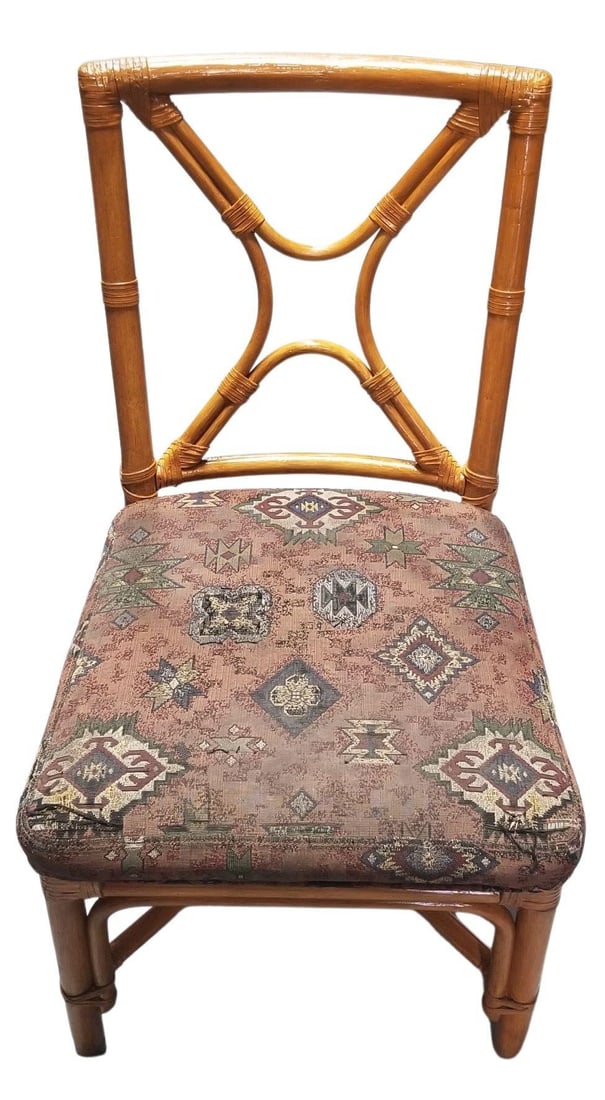 Restored Rattan set of 6 Dining Chairs Featuring X-back and Leather Wrappings. - 2
