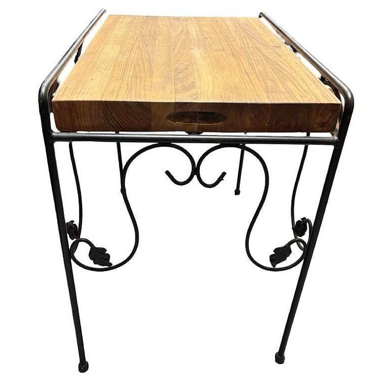 Wrought Iron Scrolling Ivy Wire Patio Wire Side Table w/ Butcher Block Top - 3