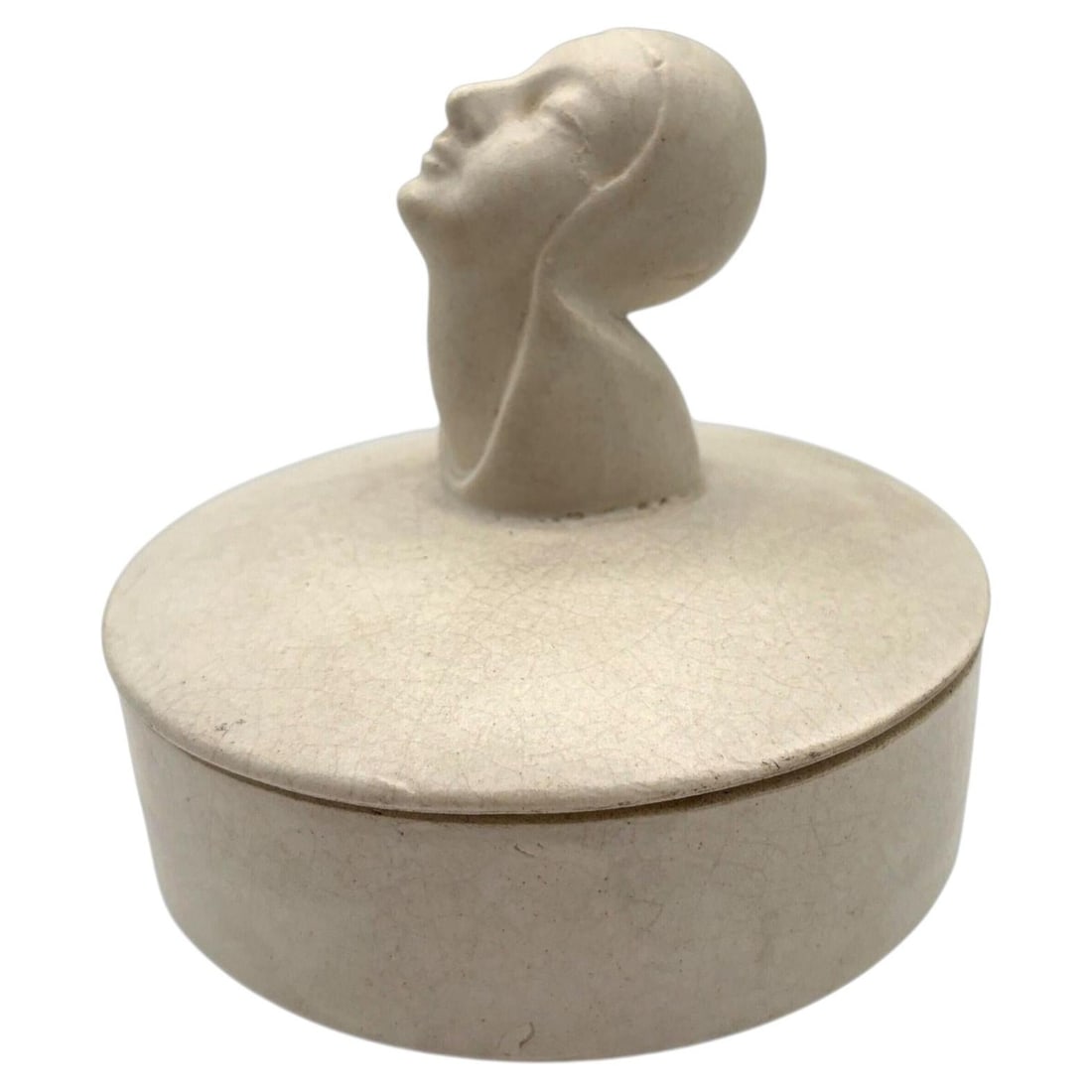 Mid-century Gray Earthenware Ceramic Vanity Powder Box w/ Female Bust Handle: Title: Mid-century Gray Earthenware Ceramic Vanity Powder Box w/ Female Bust Handle Description: A serene 1930s Art Deco powder box featuring a sculpted woman with her head gently tilted upward and ey