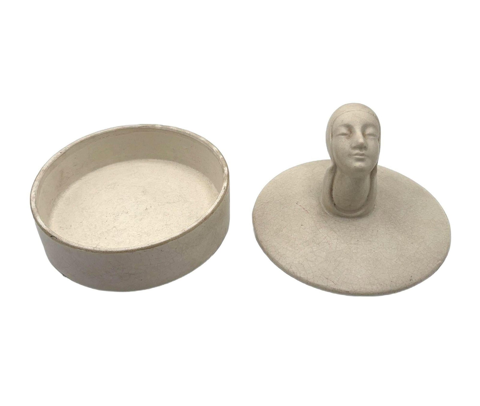 Mid-century Gray Earthenware Ceramic Vanity Powder Box w/ Female Bust Handle - 3