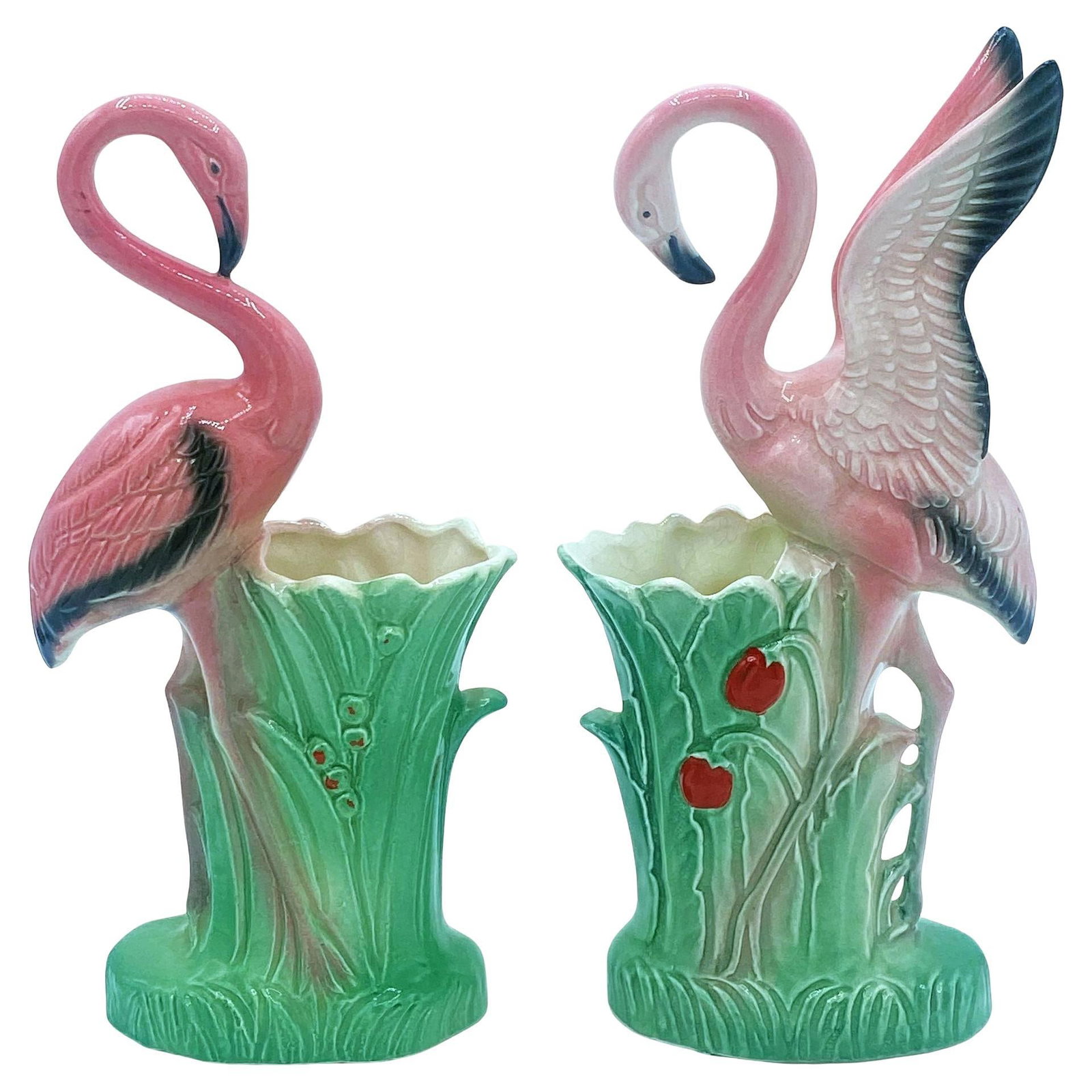 Mid-century "Lovers" Pink Flamingo Ceramic Tabletop Vase Set By Leftons: Title: Mid-century "Lovers" Pink Flamingo Ceramic Tabletop Vase Set By Leftons Description: Mid-century pink and green "Lovers" ceramic flamingo tabletop California Vase set of matching His and Her