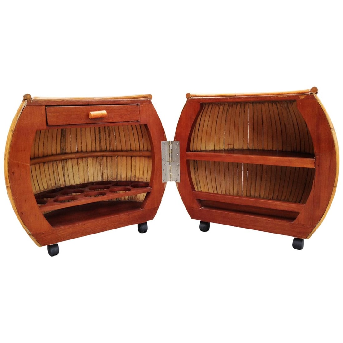Restored Large 1940s Rattan and Mahogany Pumpkin Bar: Title: Restored Large 1940s Rattan and Mahogany Pumpkin Bar Description: This large 1940s rattan "Pumpkin Bar" features a mahogany top, interior shelves and a drawer. The unit becomes a unique barrel