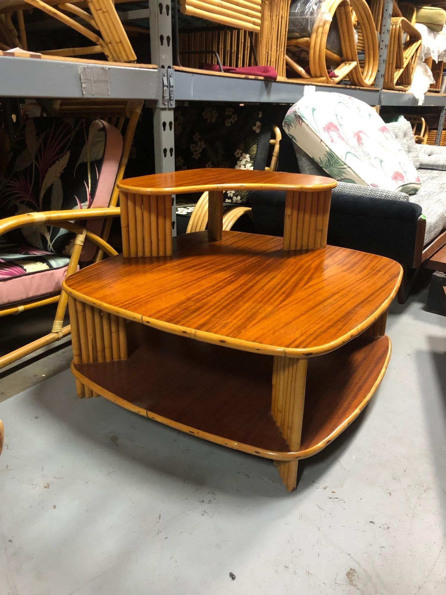 Restored Rattan 1940s Double Level Corner Table with Quatered Koa Wood Top - 2