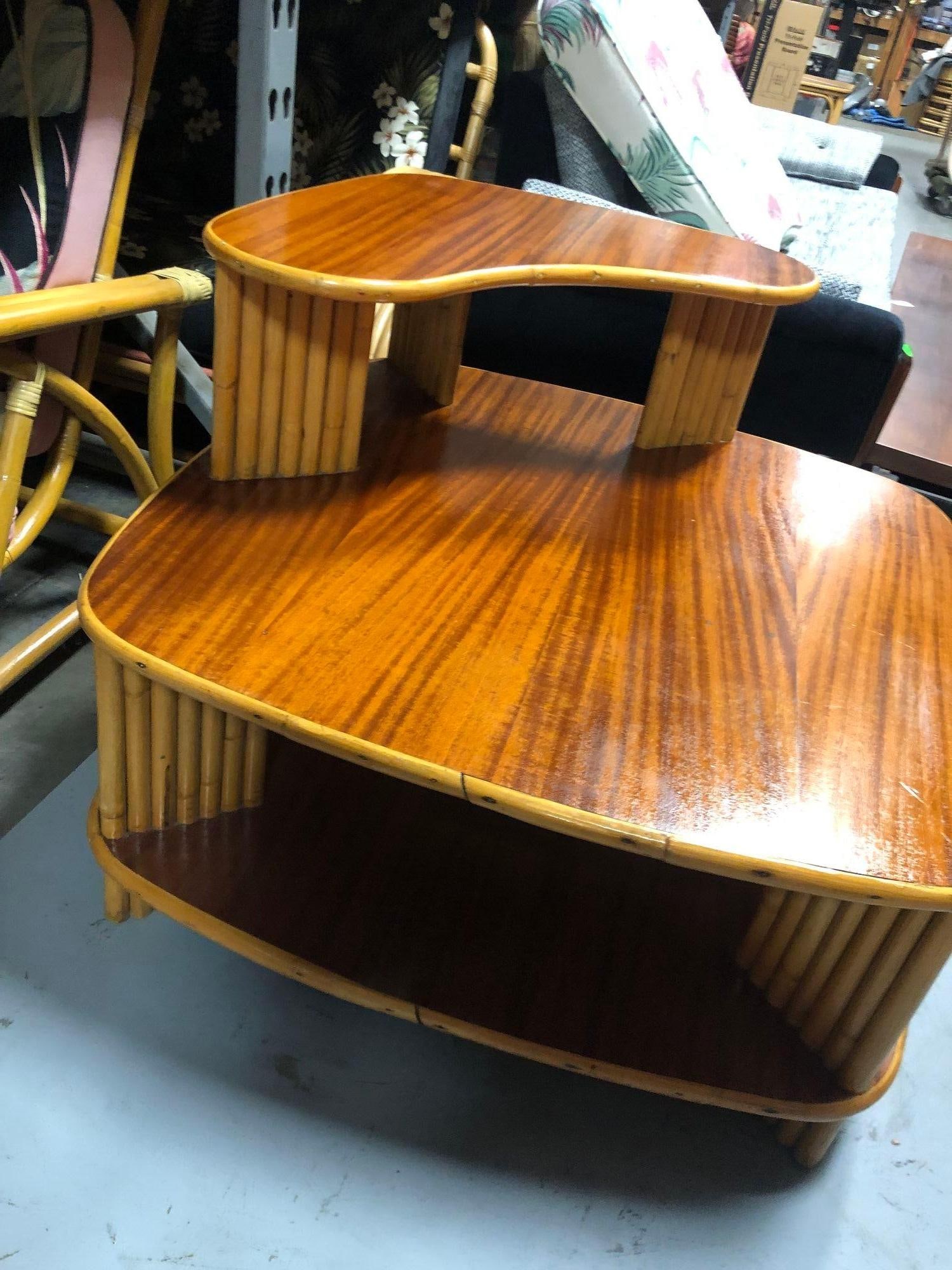 Restored Rattan 1940s Double Level Corner Table with Quatered Koa Wood Top - 3