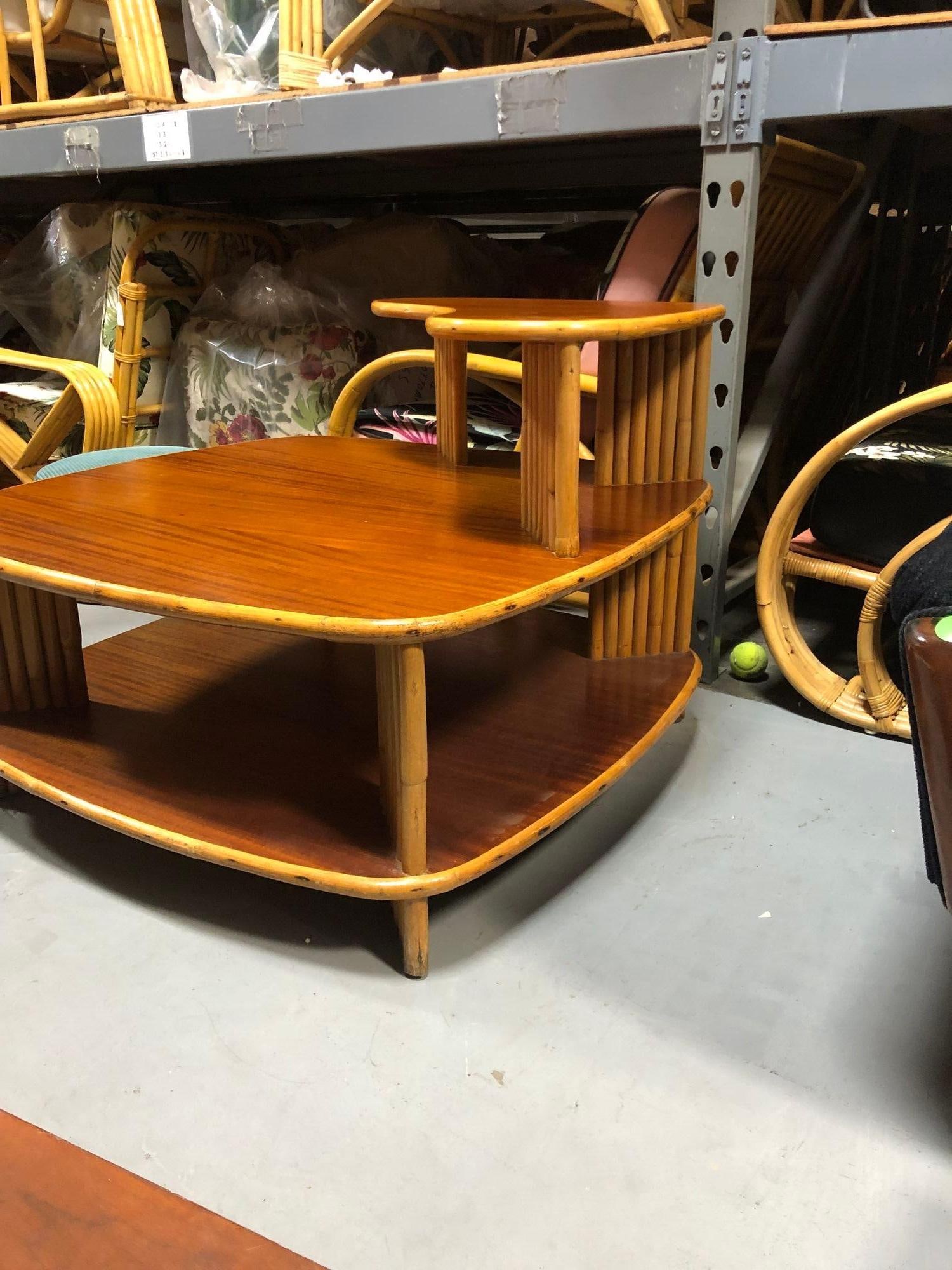 Restored Rattan 1940s Double Level Corner Table with Quatered Koa Wood Top - 4