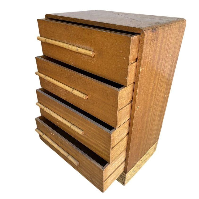 Restored Mid-century Waterfall Highboy Mahogany Dresser W/ Stacked Rattan Base - 2