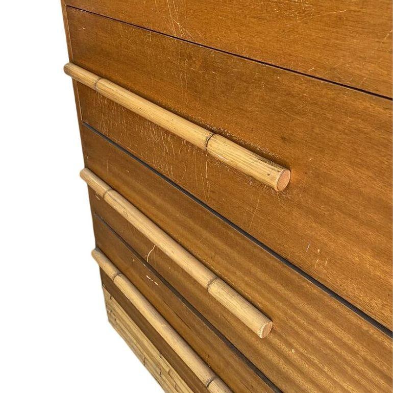 Restored Mid-century Waterfall Highboy Mahogany Dresser W/ Stacked Rattan Base - 4