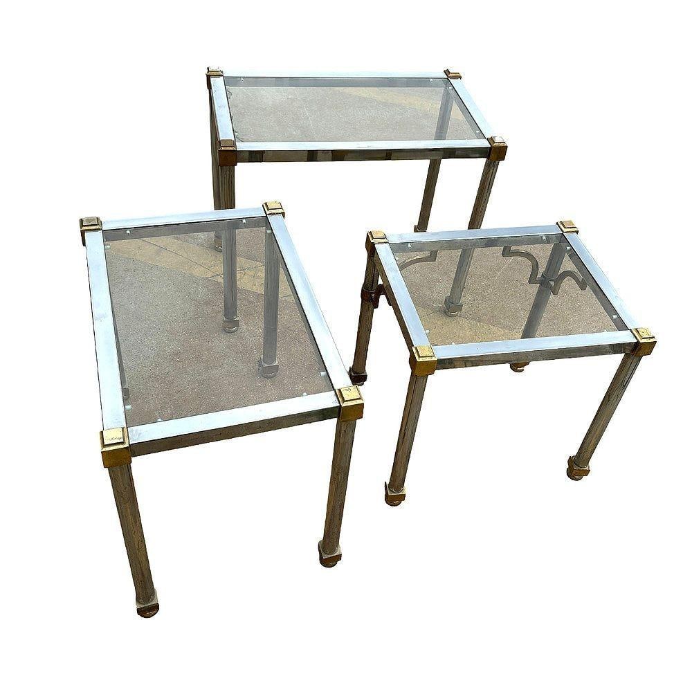 Hollywood Regency Chrome & Brass Maison Jensen Style Nesting Tables - 2