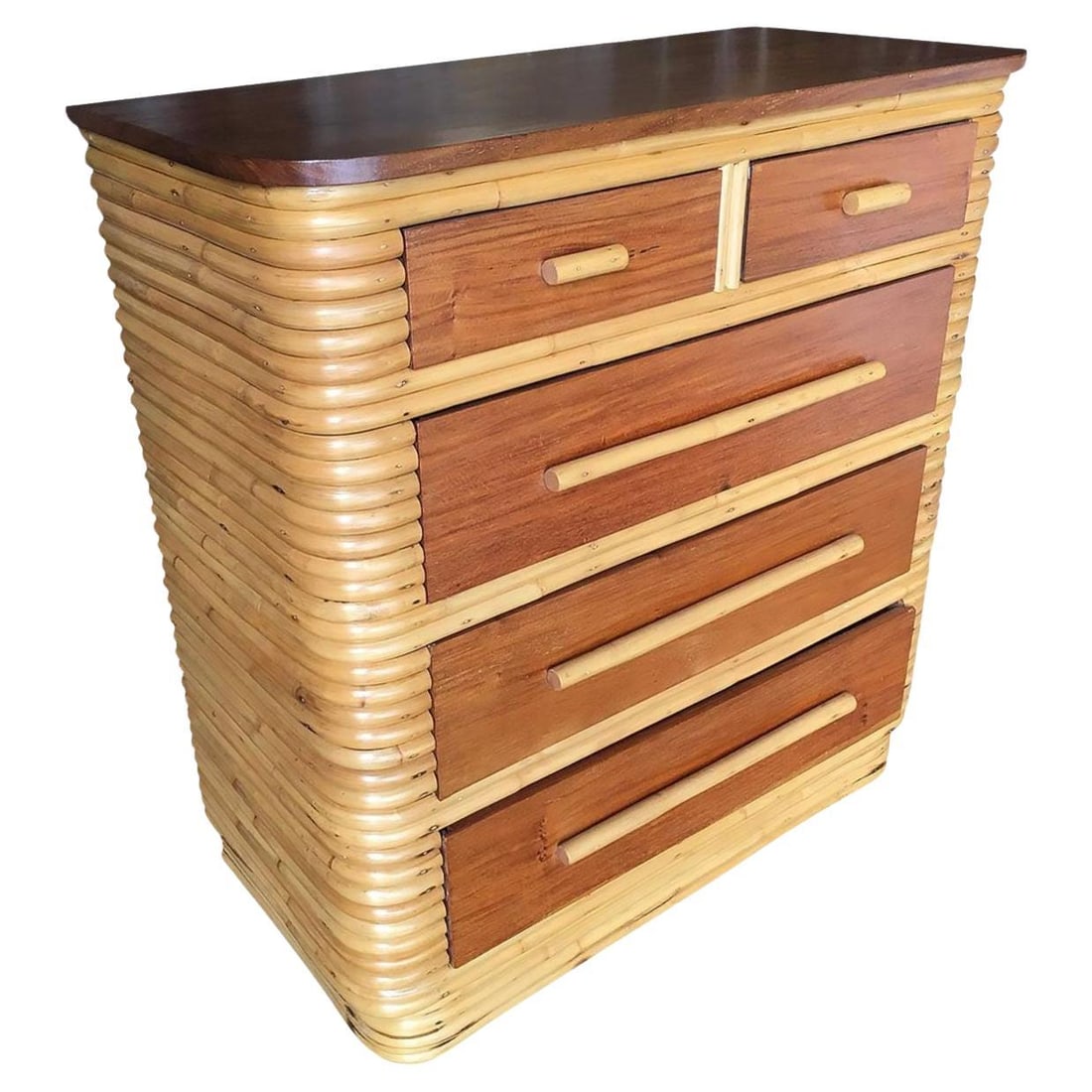 Restored Art Deco Highboy Stacked Rattan and Mahogany Dresser: Title: Restored Art Deco Highboy Stacked Rattan and Mahogany Dresser Description: This beautifully restored Frankl style Highboy dresser with a mahogany top and five pull-out drawers, all meticulously