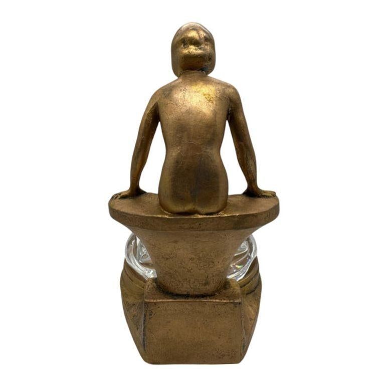 Art Deco Nude Woman Seated at Pool Bronze & Crystal Sculpter Ashtray by Nuart - 4
