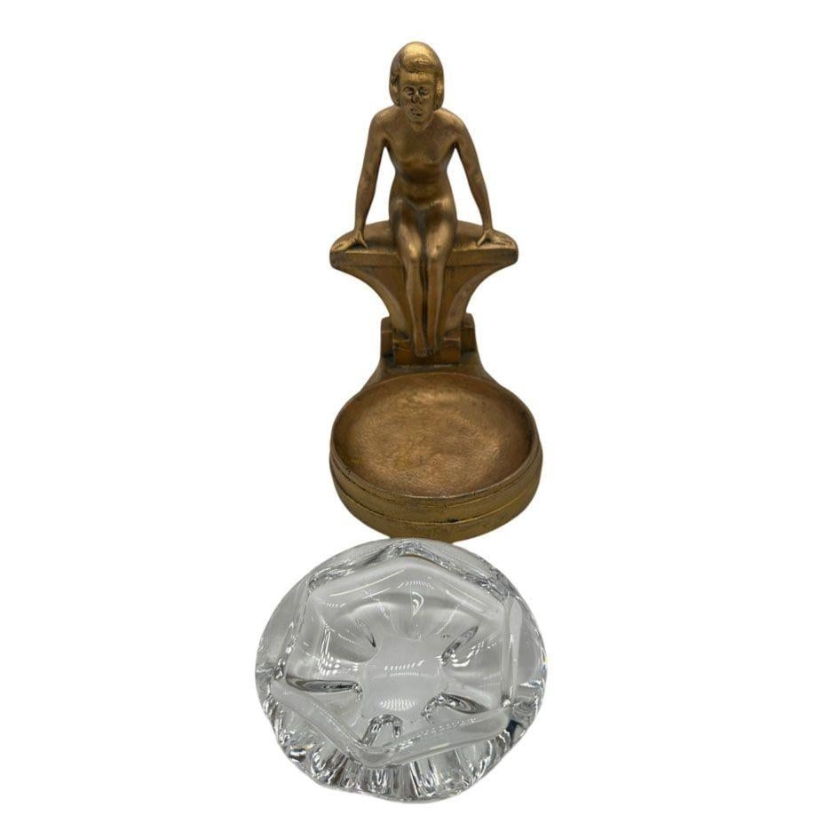 Art Deco Nude Woman Seated at Pool Bronze & Crystal Sculpter Ashtray by Nuart - 5