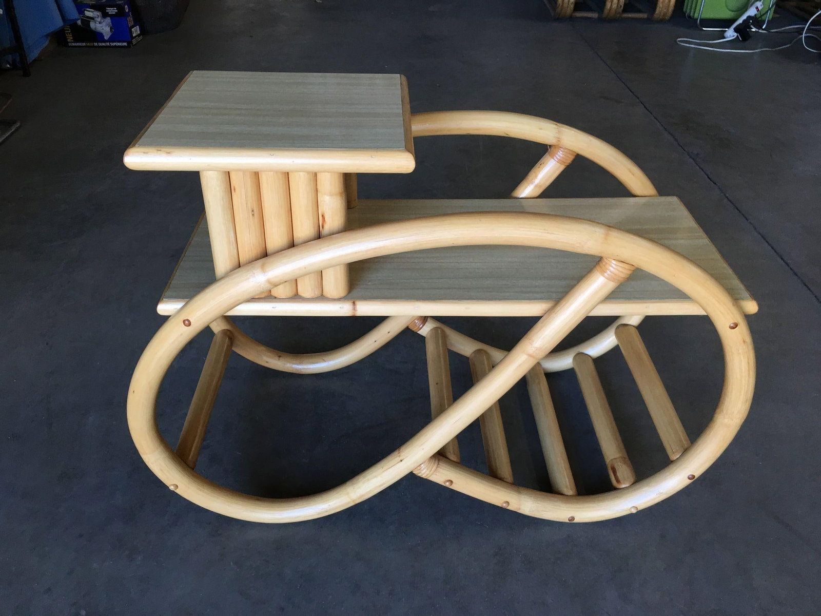 Restored 3/4 Round Pretzel Rattan Side Table with Two-Tier Formica Tops - 2