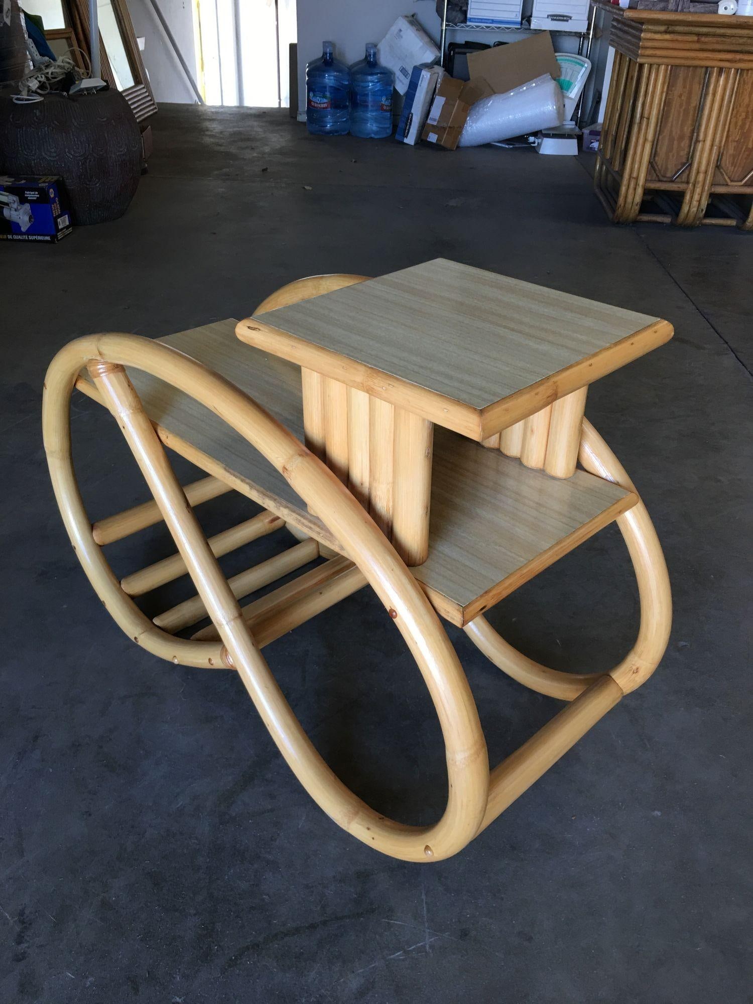 Restored 3/4 Round Pretzel Rattan Side Table with Two-Tier Formica Tops - 3