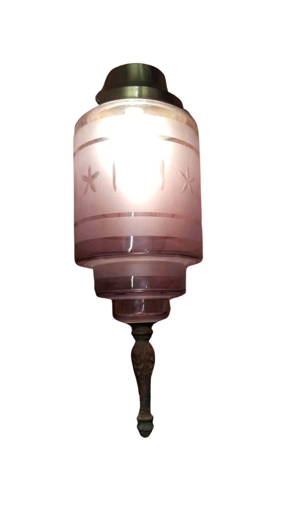 Hollywood Regency Hanging Pendant Light with Purple Etched Glass - 2