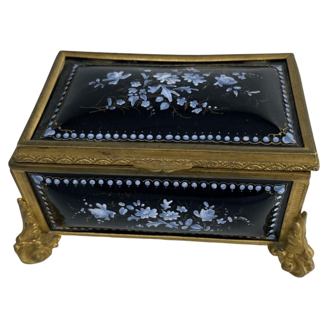 19th C Limoges Hand Painted Porcelain Keepsake Box W Brass Footing: Title: 19th C Limoges Hand Painted Porcelain Keepsake Box W Brass Footing Description: One-of-a-kind 19th century Limoges hand-painted porcelain keepsake box with brass footing for your