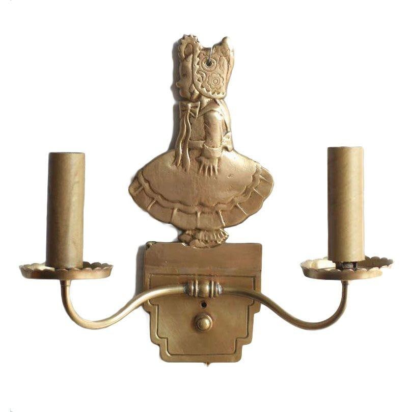 Bronze Electric Candelabra Wall Sconce with Girl in Bonnet, Pair - 2
