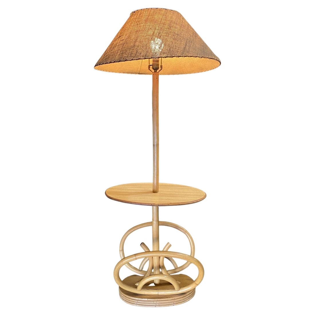 Restored Rare Mid Century Rattan Pole Floor Lamp & Drink Stand w Magazine Holder: Title: Restored Rare Mid Century Rattan Pole Floor Lamp & Drink Stand w Magazine Holder Description: This beautifully restored rattan pole lamp features a decorative single rattan pole centered