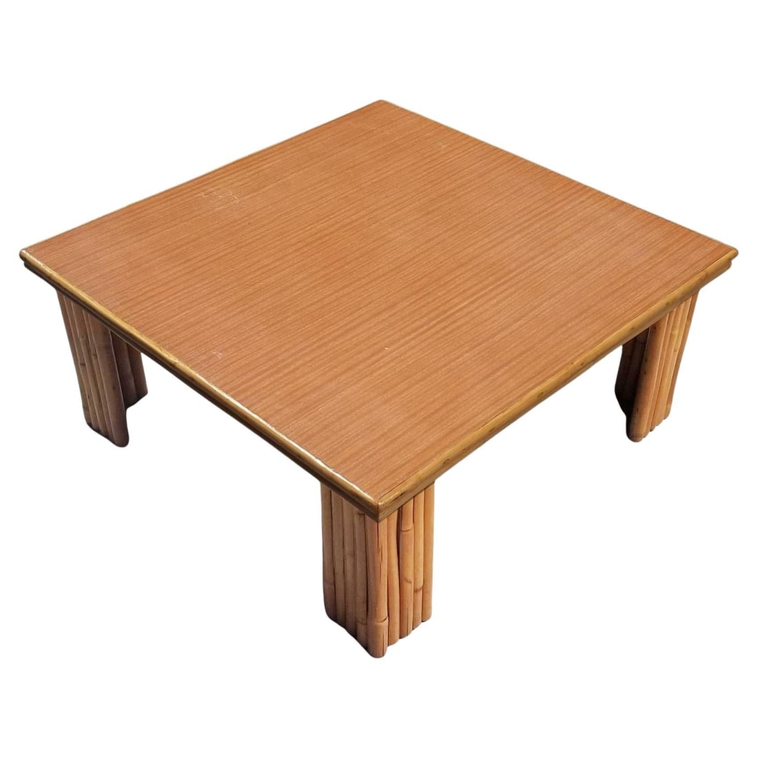 Restored 3' Foot Wide Rattan Coffee Table W/ Formica Top: Title: Restored 3' Foot Wide Rattan Coffee Table W/ Formica Top Description: Extra wide 36" square coffee table with 9-strand vertically stacked rattan legs and a Formica wood grain pattern top with