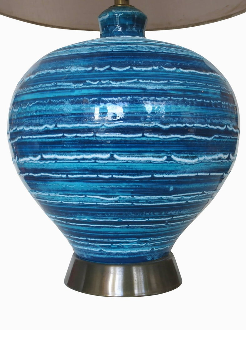 Midcentury Variegated Blue Striped Glaze Ceramic Lamp - 3