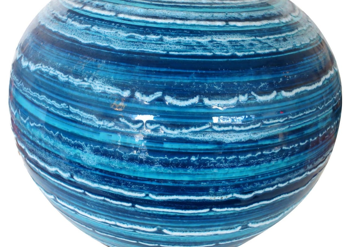 Midcentury Variegated Blue Striped Glaze Ceramic Lamp - 4