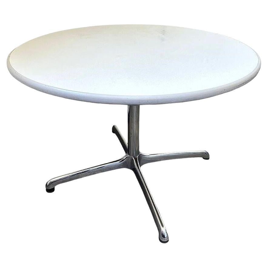 Mid-century 42″ Round Laminate Grey Dining Table w/ Chrome Base by Steelcase: Title: Mid-century 42″ Round Laminate Grey Dining Table w/ Chrome Base by Steelcase Description: Late Mid-century Tulip inspired Steelcase 42″ office dining lunch round table with a
