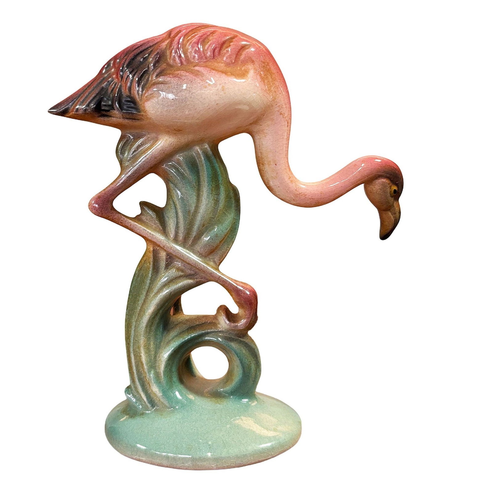 Mid-century "Hunting" Pink Flamingo Ceramic Tabletop Sculpture Brad Keeler: Title: Mid-century "Hunting" Pink Flamingo Ceramic Tabletop Sculpture Brad Keeler Description: Mid-century pink and green ceramic flamingo tabletop statue by Brad Keeler. It features a beautifully