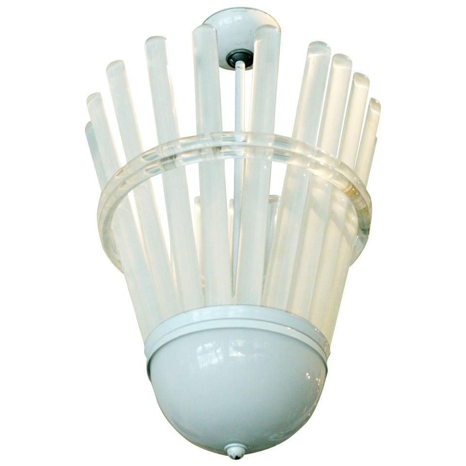 Unique Mid-century Acrylic Rod Shuttlecock Chandelier by Paul Laszlo: Title: Unique Mid-century Acrylic Rod Shuttlecock Chandelier by Paul Laszlo Description: Hand-built chandelier designed by Paul Laszlo with acrylic polls and a glass dome bottom which resembles a