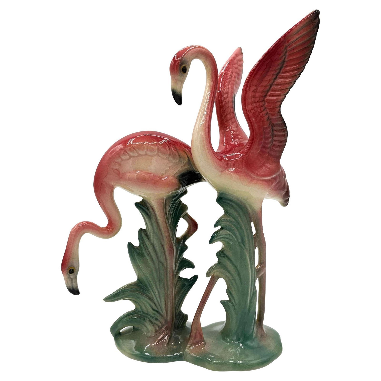 Rare Mid-Century Double Pink Flamingo Ceramic Tabletop Statue By Brad Keeler: Title: Rare Mid-Century Double Pink Flamingo Ceramic Tabletop Statue By Brad Keeler Description: Mid-Century pink and green California ceramic flamingo tabletop statue by Brad Keeler. The statue