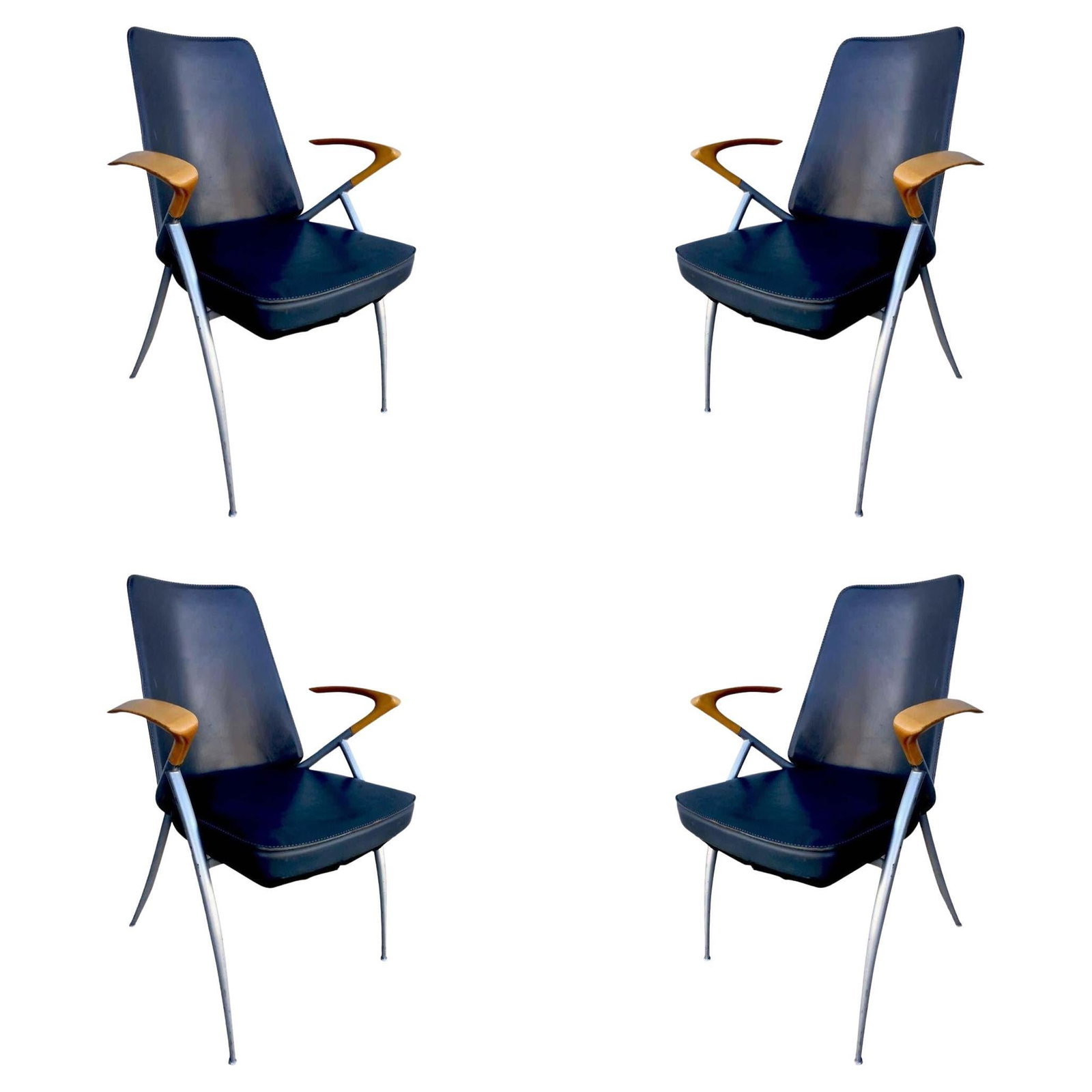 1980's Paul Tuttle Style Post Modernist Dining Chair Set of four: Title: 1980's Paul Tuttle Style Post Modernist Dining Chair Set of four Description: Modernist leather office chair (can be used as dining chair) with silver powder coat base and unique floating
