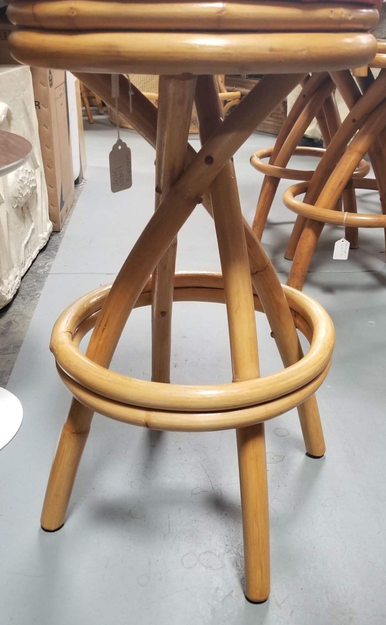 Restored Rattan Spiral Leg Strand Pair of Two Single Stand Red Bar Stools - 3
