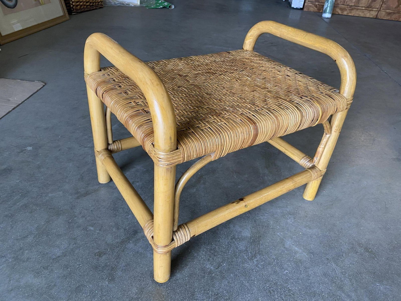 Restored Single Stand Rattan Staple Side Ottoman Stool W Woven Wicker Seat - 2