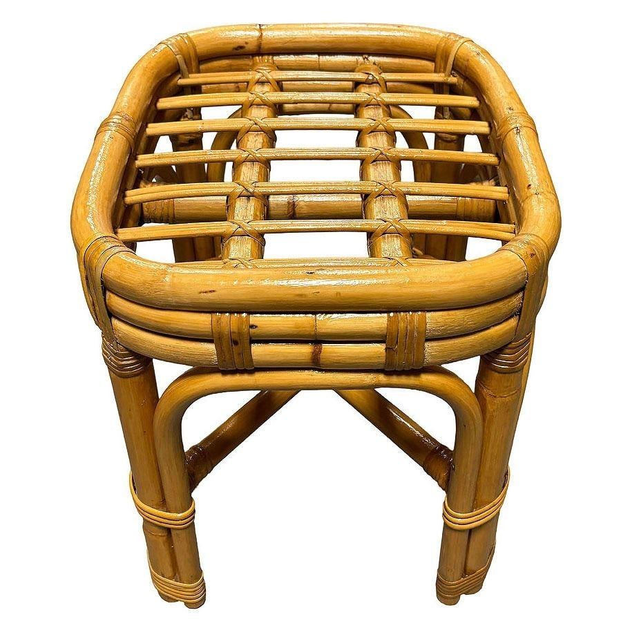 Restored Mid-century Rattan & Wicker Triple Arched Vanity Stool w/ Palm Fabric - 2