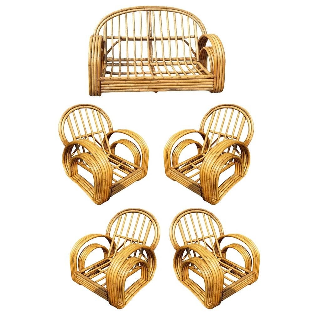 Restored 4-Strand Double Arch Speed Arms Rattan Sofa & Chairs Livingroom Set: Title: Restored 4-Strand Double Arch Speed Arms Rattan Sofa & Chairs Livingroom Set Description: This beautifully restored rattan living room set blends style and vintage charm with modern comfort.