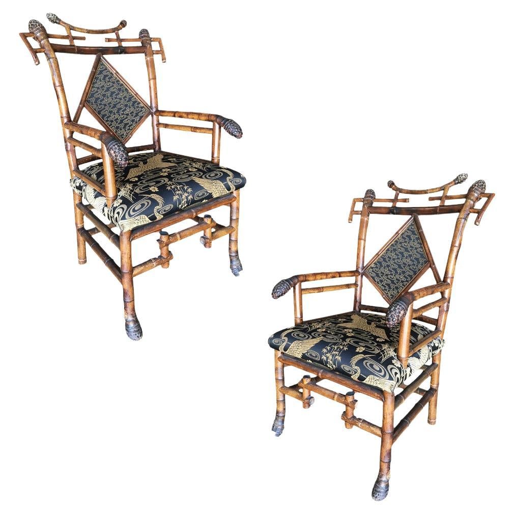 Late Victorian Aesthetic Movement Bamboo Chippendale Salon Chairs, Pair: Title: Late Victorian Aesthetic Movement Bamboo Chippendale Salon Chairs, Pair Description: A stunning pair of late 19th Century Aesthetic Movement bamboo Chippendale Salon chairs. Each features an