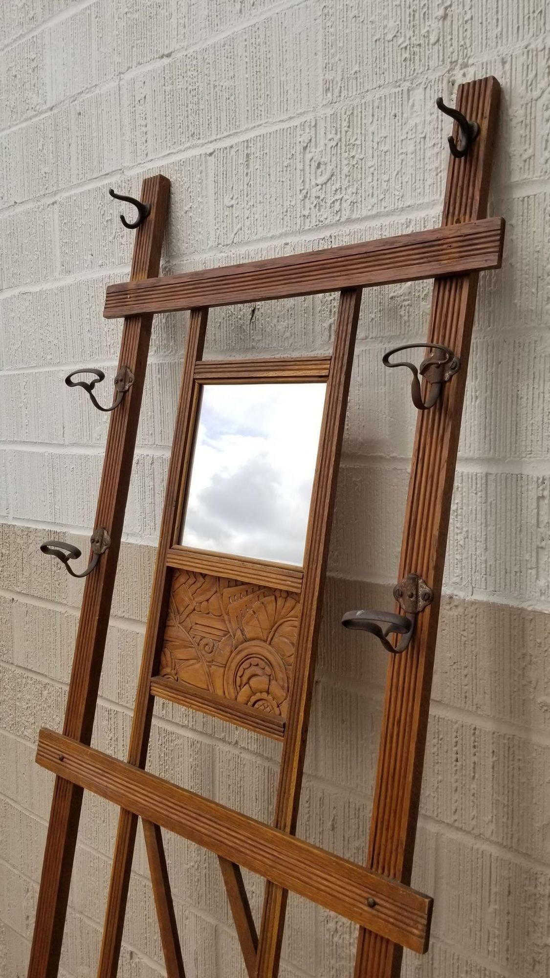 Art Deco Carved Rack Hall Tree with Mirror - 5