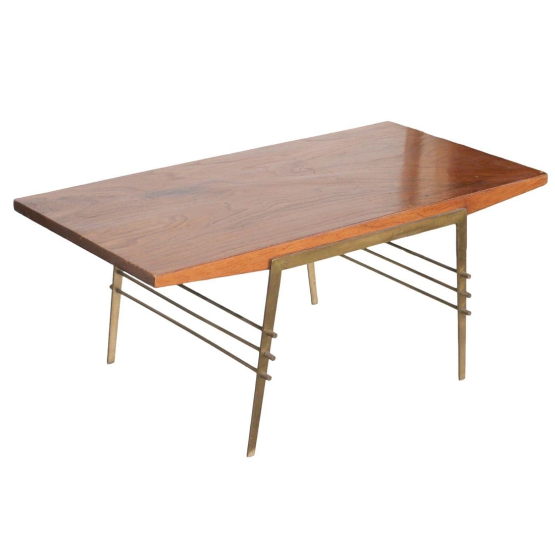 Midcentury Oak Coffee Table with Brass Architectural Base - 2