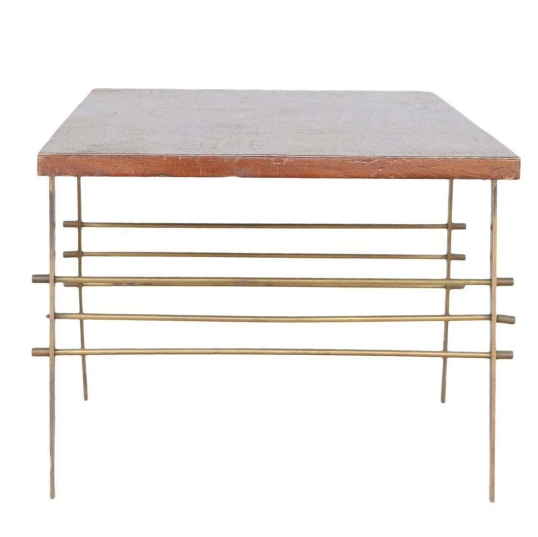 Midcentury Oak Coffee Table with Brass Architectural Base - 4