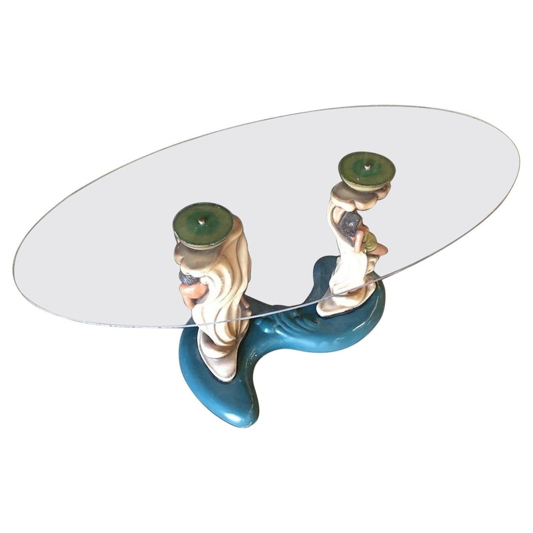 Rare Hawaiian Inspired Scuptural Chalkware Coffee Table w/ Man & Woman: Title: Rare Hawaiian Inspired Scuptural Chalkware Coffee Table w/ Man & Woman Description: Rare 1950s Hawaiian-inspired sculptural chalkware coffee table featuring a pacific islander boy and girl