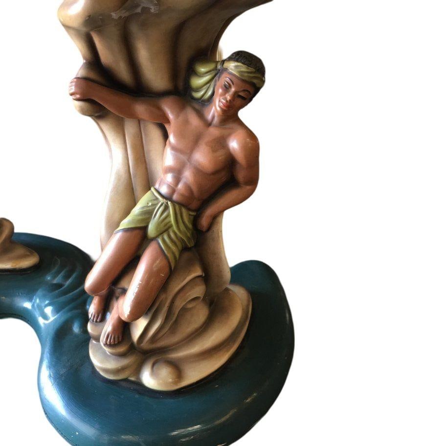 Rare Hawaiian Inspired Scuptural Chalkware Coffee Table w/ Man & Woman - 4