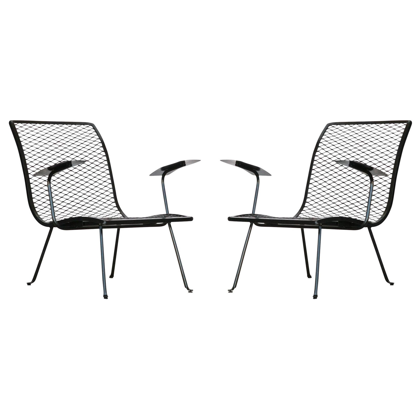 Pair of Outdoor Patio Lounge Chairs by Karl Lightfoot Studio: Title: Pair of Outdoor Patio Lounge Chairs by Karl Lightfoot Studio Description: Pair of black tubular steel and metal grate outdoor or patio lounge chairs with flat metal armrests by Karl Lightfoot