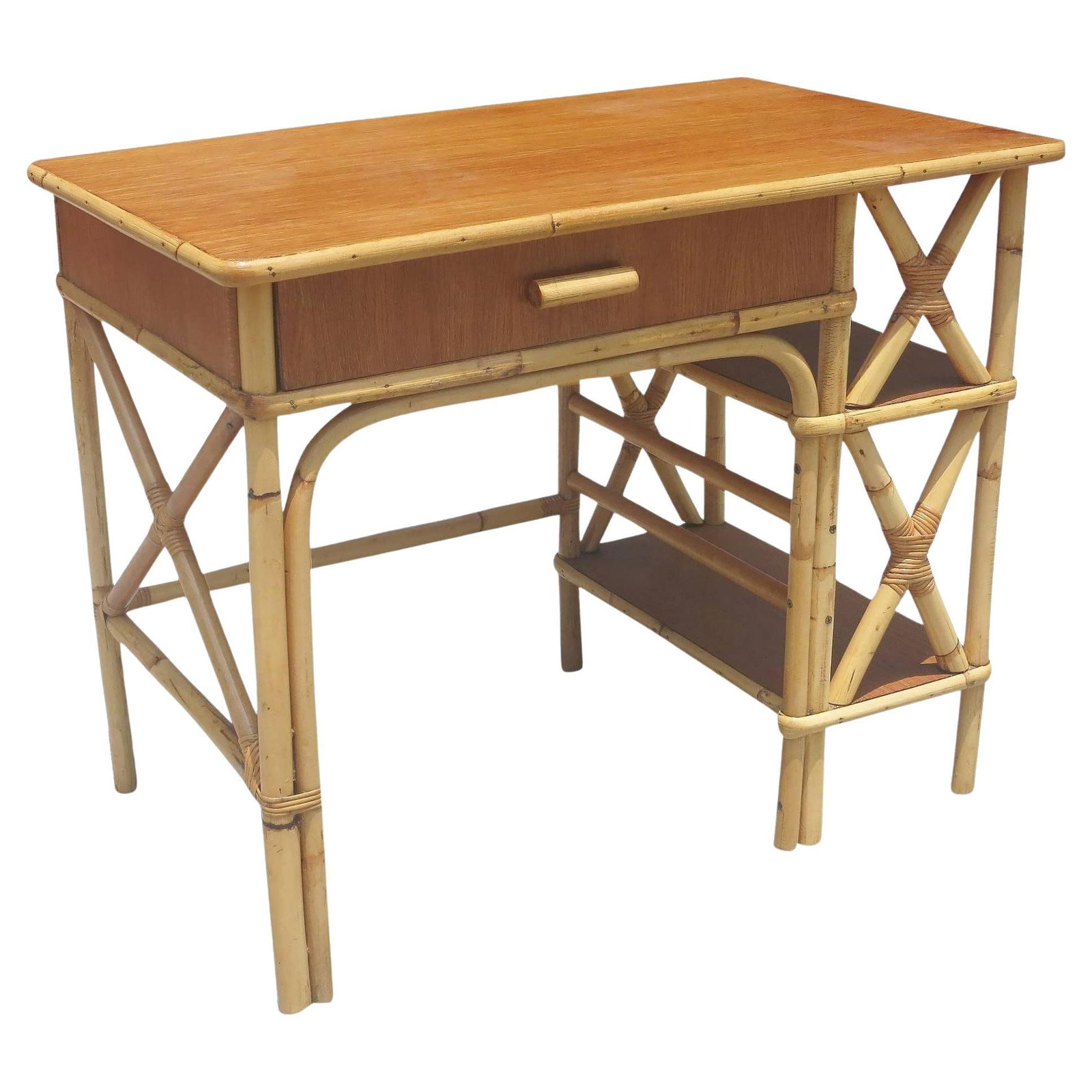 Restored Rattan and Mahogany Secretary Desk W/ Side Shelf: Title: Restored Rattan and Mahogany Secretary Desk W/ Side Shelf Description: Finished in rattan and mahogany, this Mid-Century era desk has an attached single drawer for storage and two-tier side