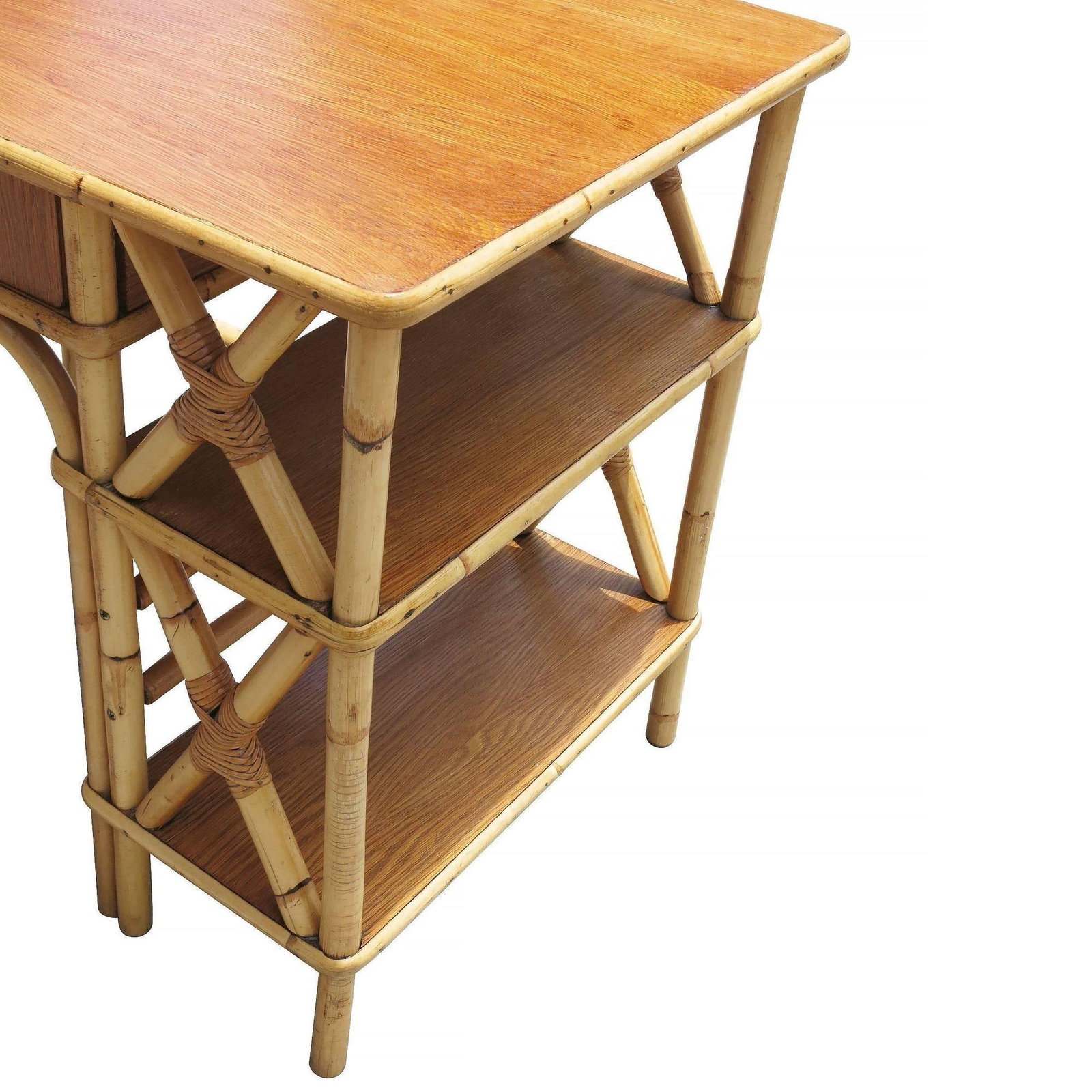 Restored Rattan and Mahogany Secretary Desk W/ Side Shelf - 3