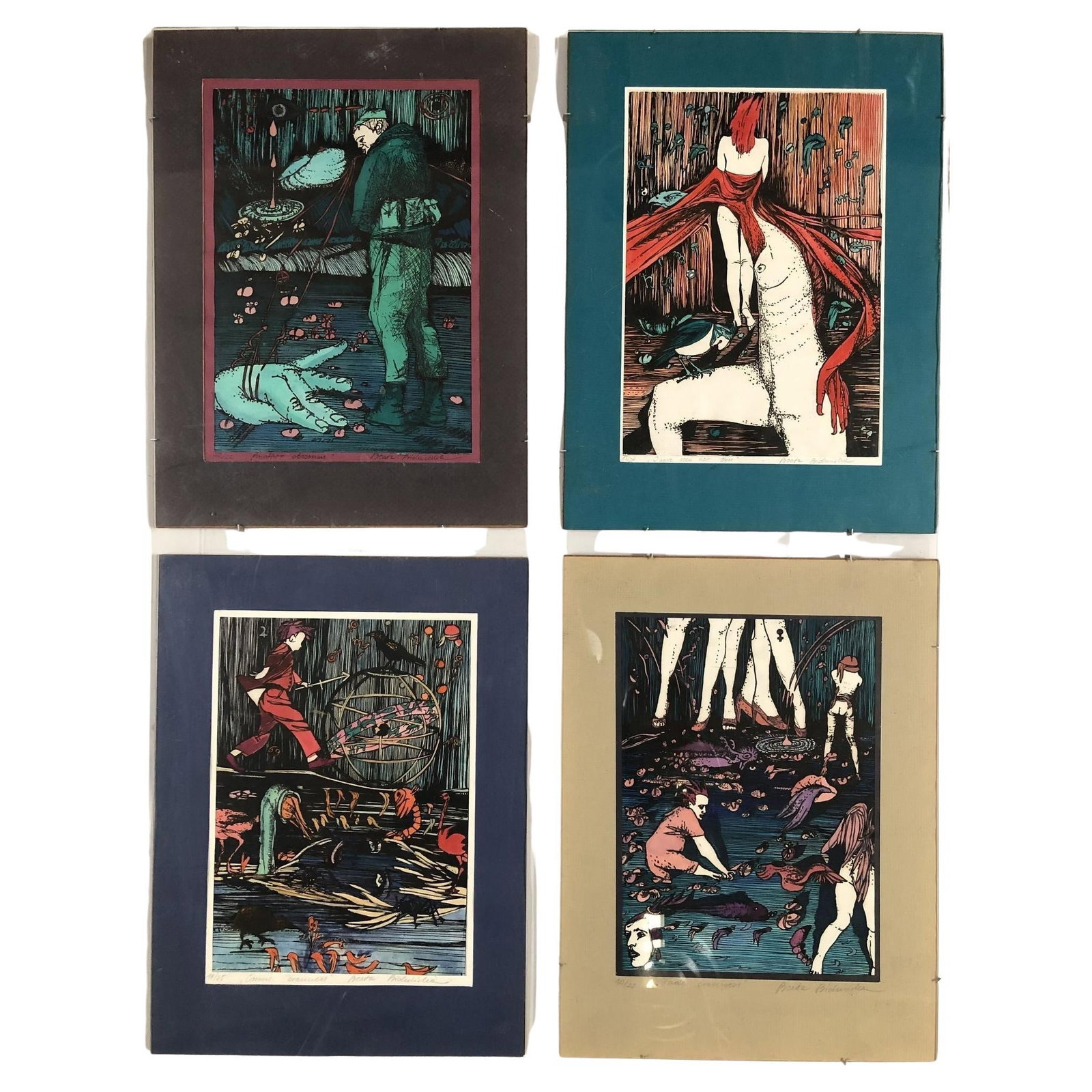 Hand-colored Abstract Block Prints in acrylic Frame by Beato P. Set of 4: Title: Hand-colored Abstract Block Prints in acrylic Frame by Beato P. Set of 4 Description: Vintage Abstract hand-colored block artwork print , Acrylic Mounted, and Matted by Beato P. Set of 4. This