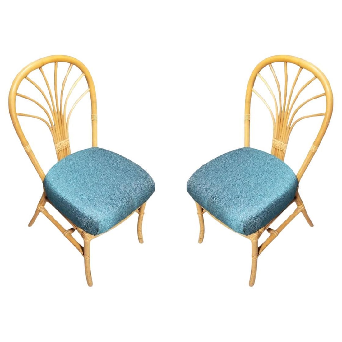Restored Rattan Fan Back Dining Chairs, Pair: Title: Restored Rattan Fan Back Dining Chairs, Pair Description: This beautifully restored Paul Frankl-inspired pair of 1980s postmodern fan back rattan dining or accent side chairs in teal blue seat 