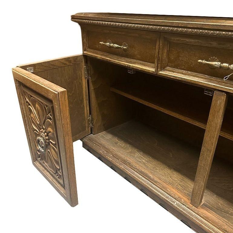 Mid Century Mediterranean Revival Carved Oakwood Buffet Cabinet - 4