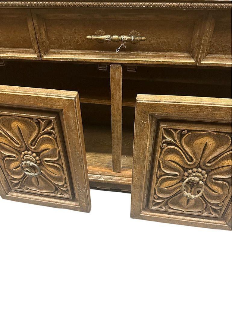 Mid Century Mediterranean Revival Carved Oakwood Buffet Cabinet - 5