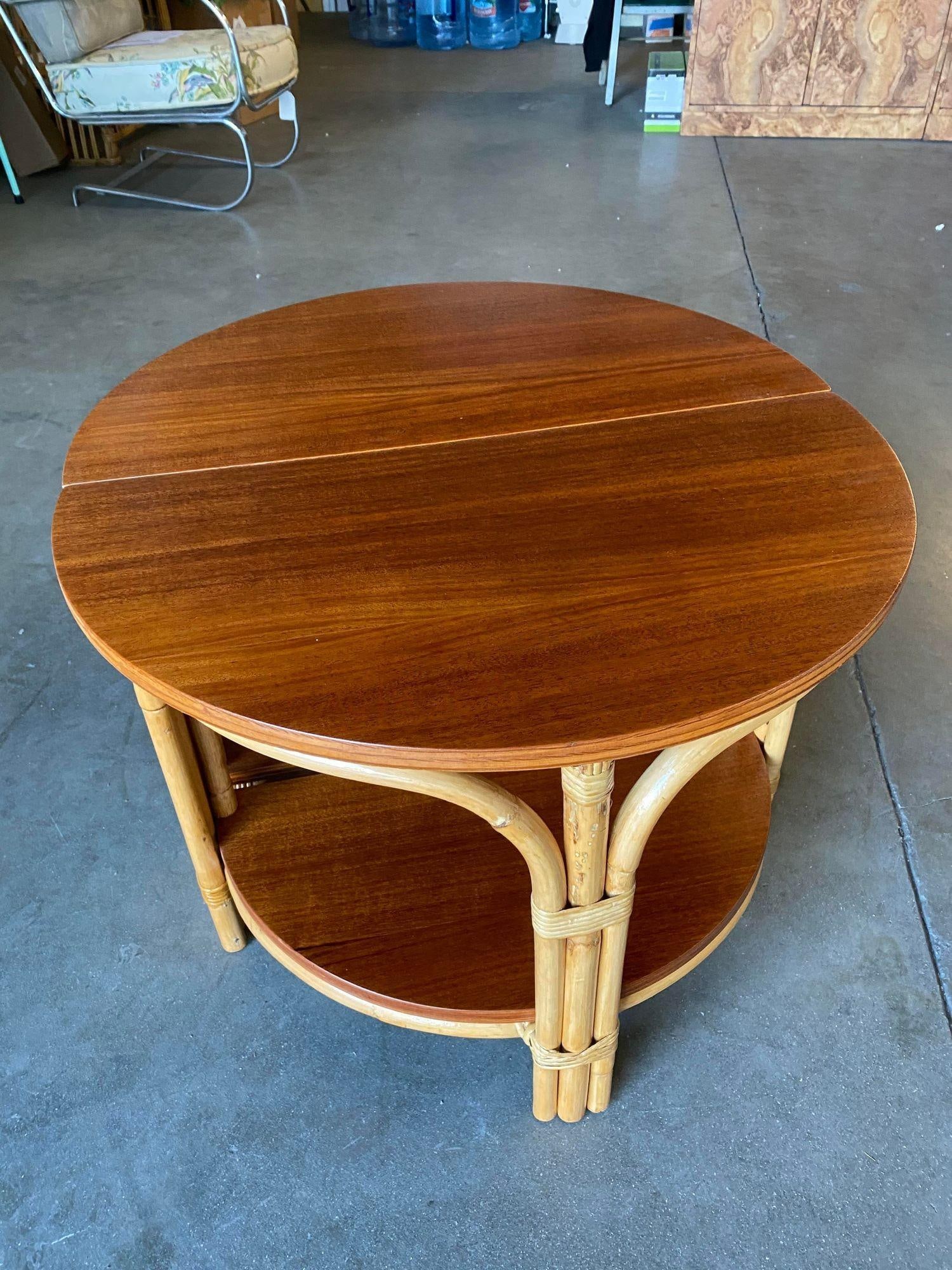 Restored "Half-Round" Side Rattan Coffee Table Pair with Solid Mahogany Top - 2