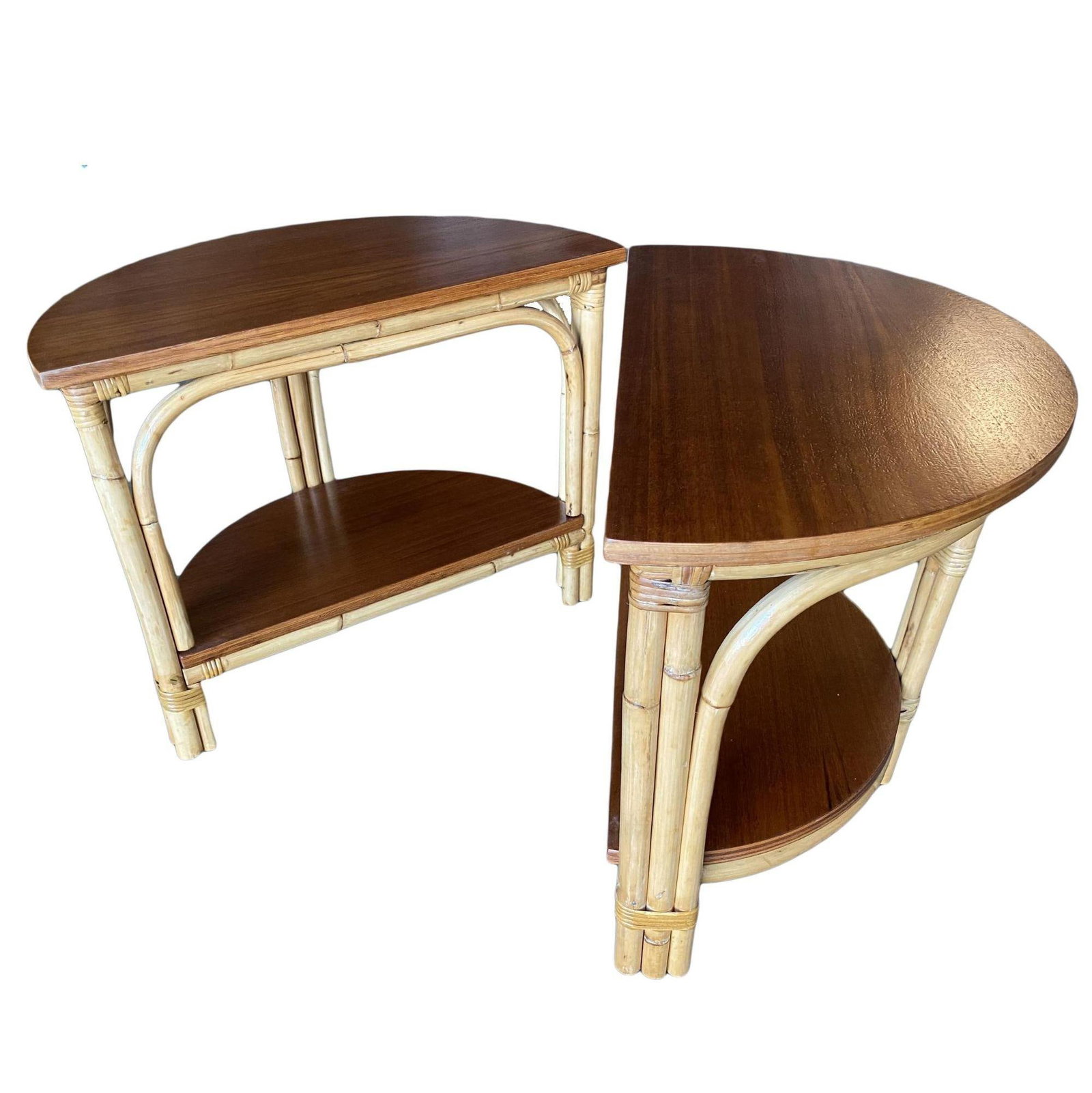 Restored "Half-Round" Side Rattan Coffee Table Pair with Solid Mahogany Top - 5